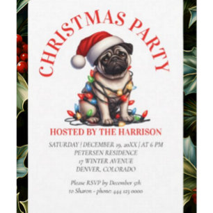 Pug Hund Retro Watercolor jul Inbjudningar