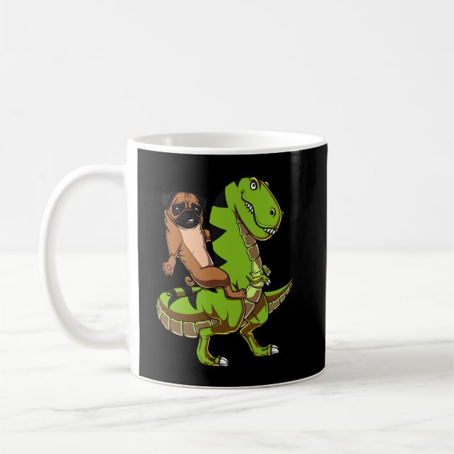 Pug Hund Riding T-Rex Dinosaur Kaffemugg (Vänster)