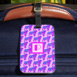 Pug Hund Rosa & Blue Silhouette Monogram Bagagebricka