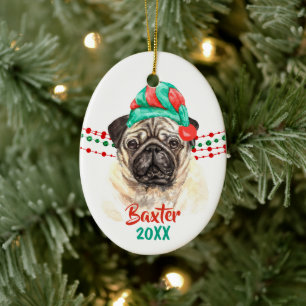 Pug Hund Santa Hat Helgdag String Pärlor Julgransprydnad Keramik