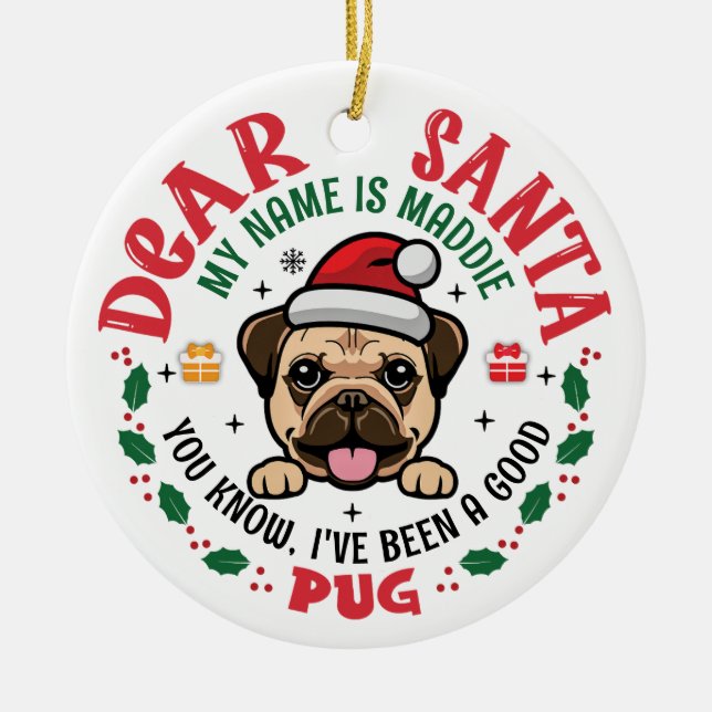 Pug Hund Santa Personlig Julgran Round Julgransprydnad Keramik (Framsidan)