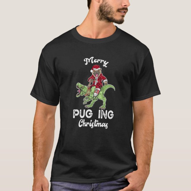 Pug Hund Santa Riding Dinosaur T Rex jul Tee (Framsida)