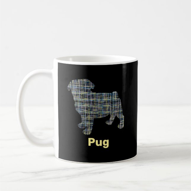 Pug Hund Silhouette Gult och Blue Grid Kaffemugg (Vänster)