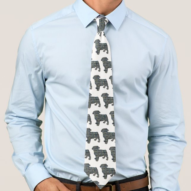 Pug Hund Silhouette Gult och Blue Grid White Slips (Pug dog silhouette grid pattern white tie)