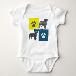 Pug Hund Silhouette Hund & Tass Gult & Blue Grid T Shirt