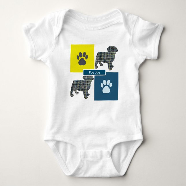 Pug Hund Silhouette Hund & Tass Gult & Blue Grid T Shirt (Framsida)