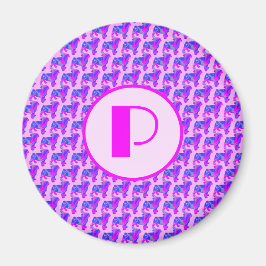 Pug Hund Silhouette Rosa & Blue Silhouette Monogra Magnet