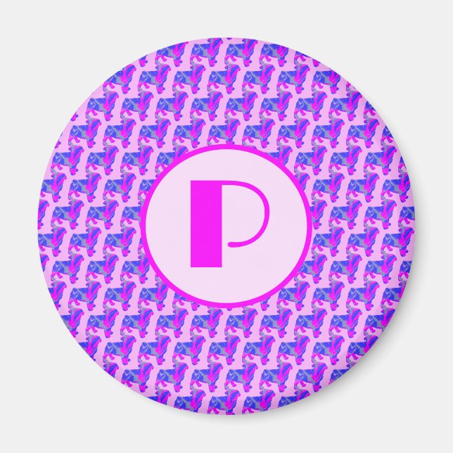 Pug Hund Silhouette Rosa & Blue Silhouette Monogra Magnet (Framsidan)