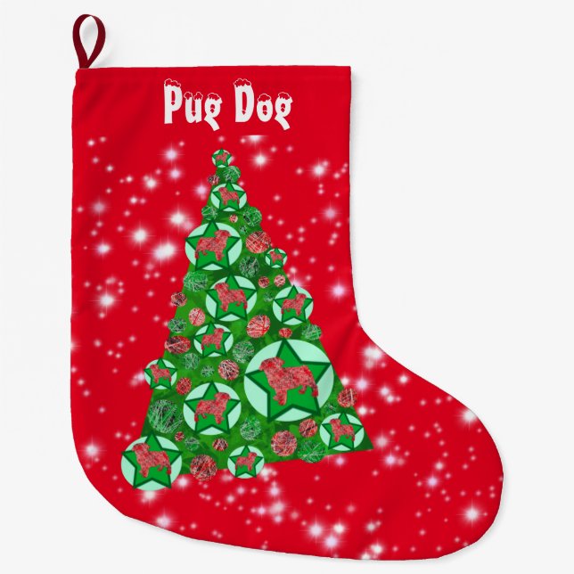 Pug Hund Siluett Jul Stor Träd Julstrumpa (Framsidan)