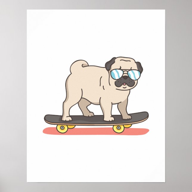 Pug Hund Skater Skateboarding Funny Gifts Poster (Framsidan)