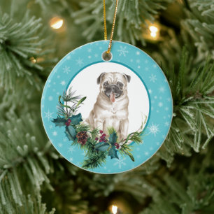 Pug Hund Snowflake Blue Ram Helgdag Bouquet Julgransprydnad Keramik