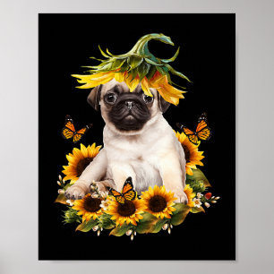 Pug Hund Solrosblommor Butterfly Cute Hund älskare Poster