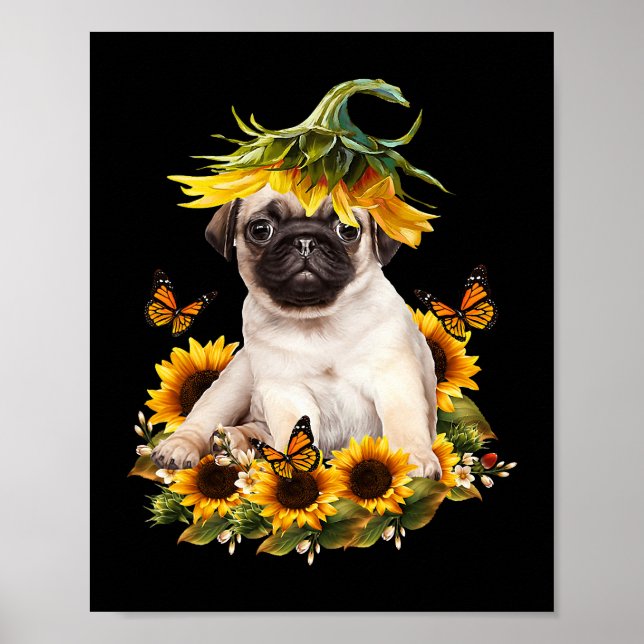 Pug Hund Solrosblommor Butterfly Cute Hund älskare Poster (Framsidan)