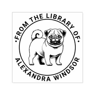 Pug Hund Stående Bibliotek Bok Namn Självfärgande Stämpel