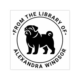 Pug Hund Stående Silhuett Bibliotek Bok Namn Självfärgande Stämpel