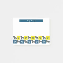 Pug Hund & Tass Gult & Blue Grid Silhouette Post-it Block