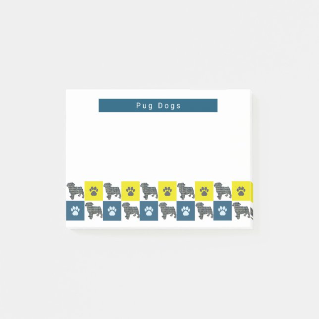 Pug Hund & Tass Gult & Blue Grid Silhouette Post-it Block (Framsida)