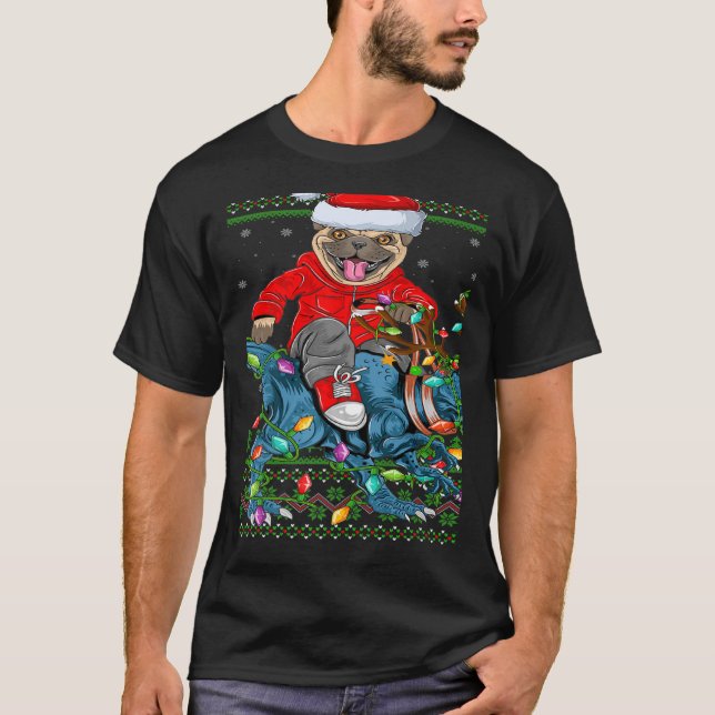 Pug Hund Ugly Julafton Ljus Pug Riding Dinosaur Ch T Shirt (Framsida)