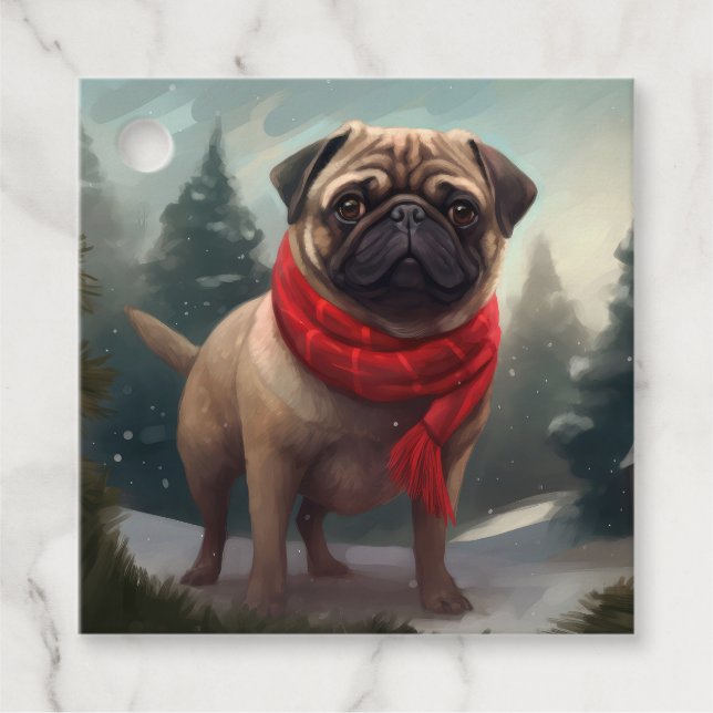 Pug Hund under julen i Snö Gåvor Etiketter (Framsida)