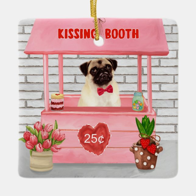 Pug Hund Valentindagen Kissing Booth Julgransprydnad Keramik (Framsida)