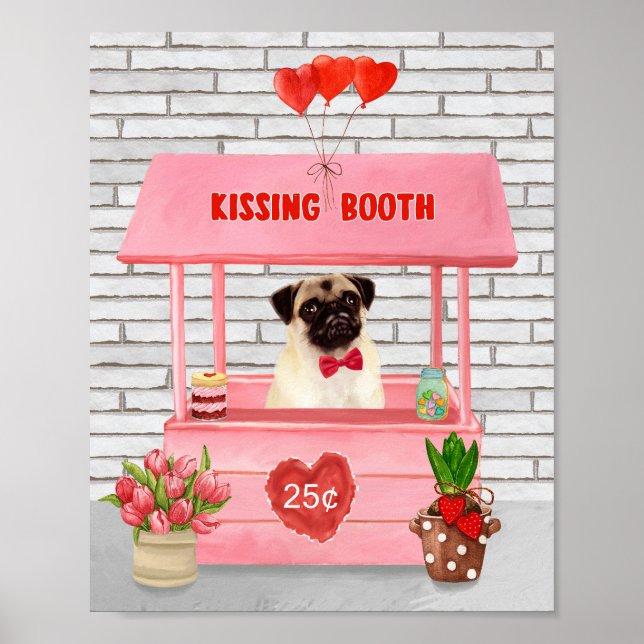 Pug Hund Valentindagen Kissing Booth Poster (Framsidan)