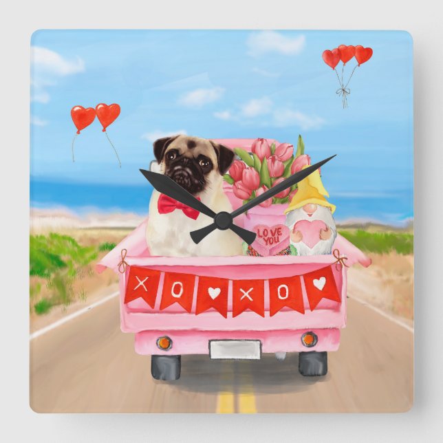 Pug Hund Valentine Day Lastbil Hearts Fyrkantig Klocka (Framsida)