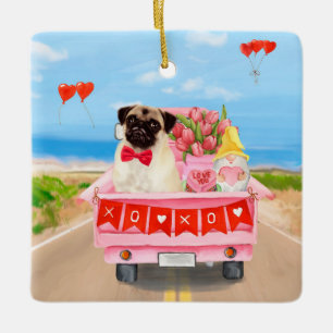 Pug Hund Valentine Day Lastbil Hearts Julgransprydnad Keramik