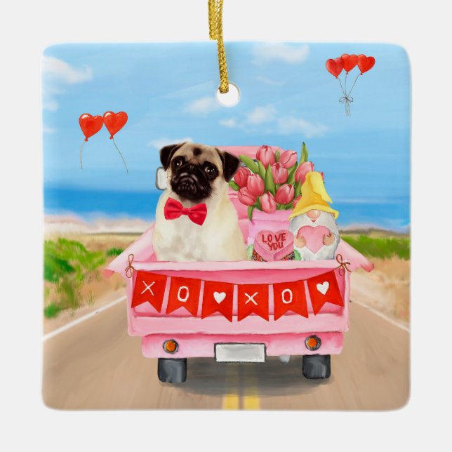 Pug Hund Valentine Day Lastbil Hearts Julgransprydnad Keramik (Framsida)