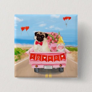 Pug Hund Valentine Day Lastbil Hearts Knapp