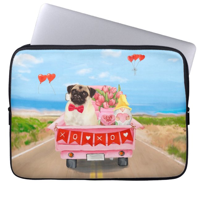 Pug Hund Valentine Day Lastbil Hearts Laptop Fodral (Framsidan)