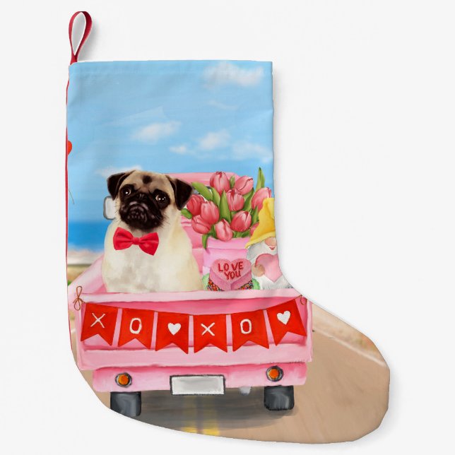 Pug Hund Valentine Day Lastbil Hearts Liten Julstrumpa (Framsidan)