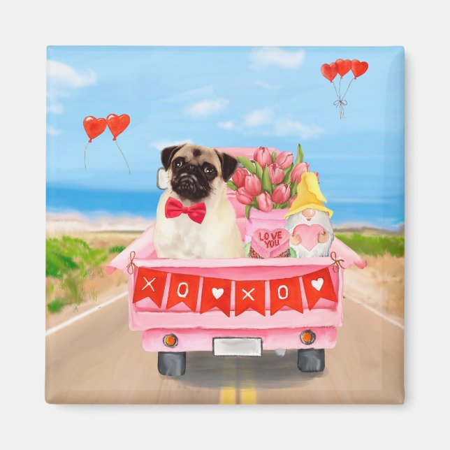 Pug Hund Valentine Day Lastbil Hearts Magnet (Framsidan)