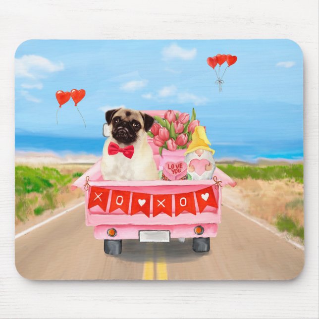 Pug Hund Valentine Day Lastbil Hearts Musmatta (Framsidan)