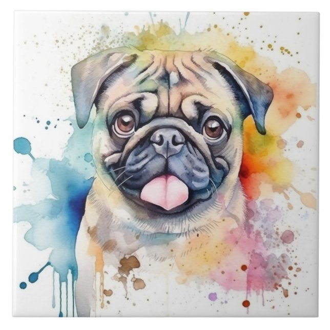 Pug Hund vattenfärg Kakelplatta (Framsidan)