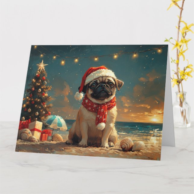 Pug Hund Vintage Beach Kort (Gul blomma)