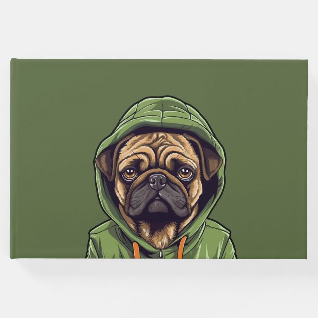 Pug Hund Wearing Grönt Hoodie Gästböcker (Framsida)