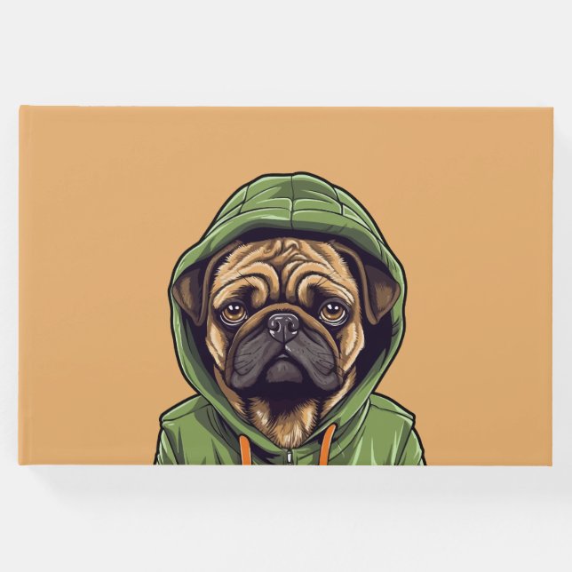 Pug Hund Wearing Grönt Hoodie Gästböcker (Framsida)