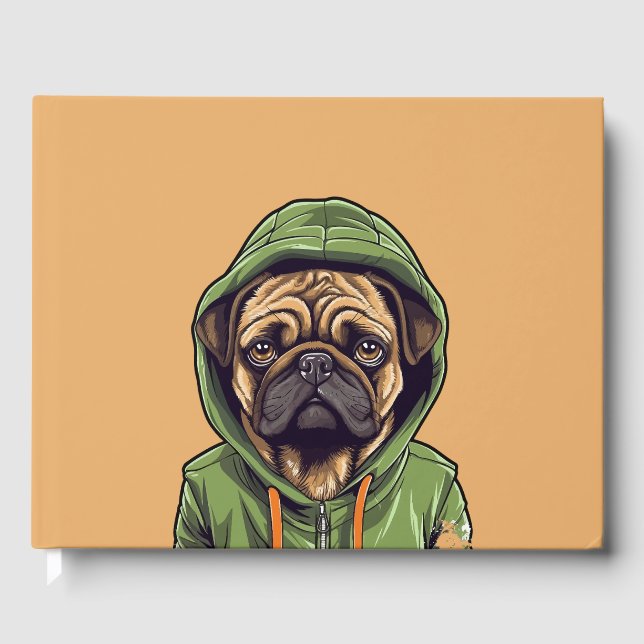 Pug Hund Wearing Grönt Hoodie Gästböcker (Framsida)