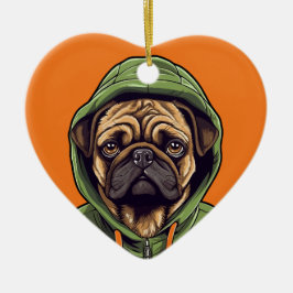 Pug Hund Wearing Grönt Hoodie Julgransprydnad Keramik
