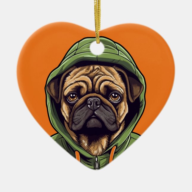 Pug Hund Wearing Grönt Hoodie Julgransprydnad Keramik (Framsidan)