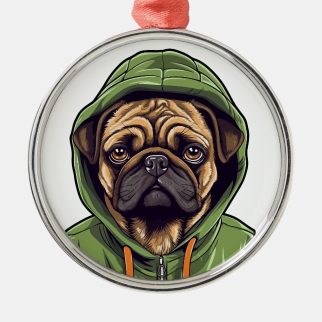 Pug Hund Wearing Grönt Hoodie Julgransprydnad Metall (Framsidan)