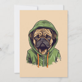 Pug Hund Wearing Grönt Hoodie Julkort