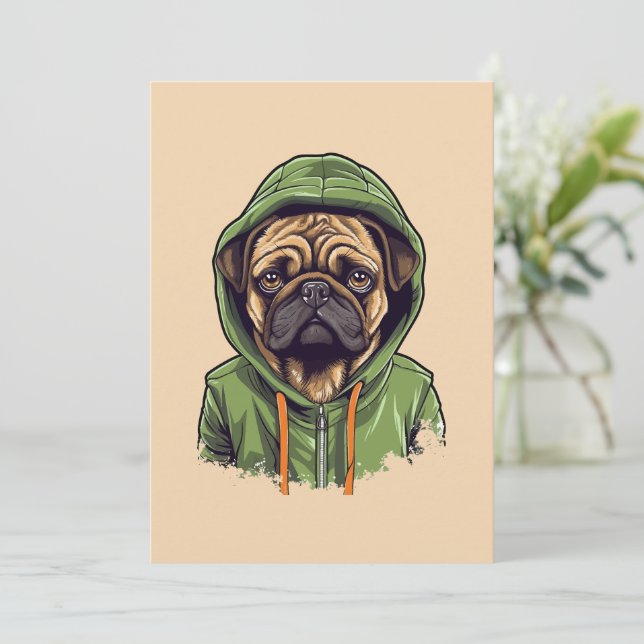 Pug Hund Wearing Grönt Hoodie Julkort (Stående Fram)