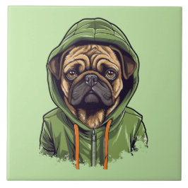 Pug Hund Wearing Grönt Hoodie Kakelplatta
