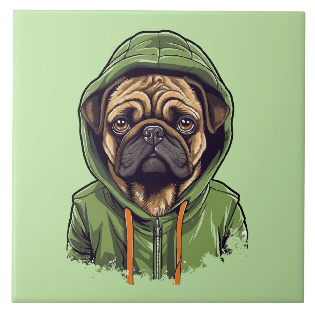 Pug Hund Wearing Grönt Hoodie Kakelplatta (Framsidan)