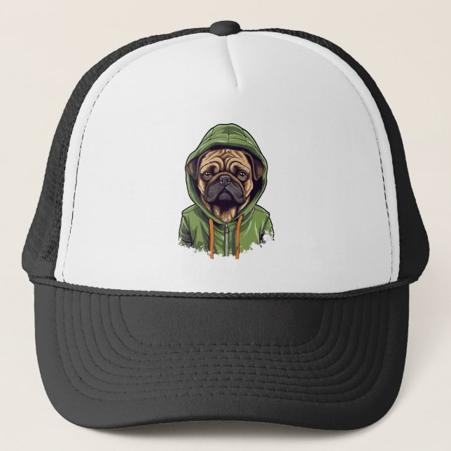 Pug Hund Wearing Grönt Hoodie Keps (Framsida)