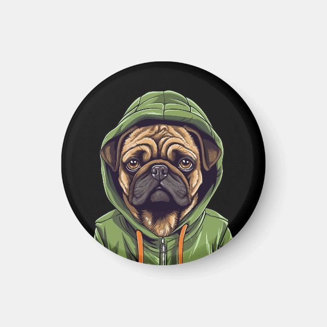 Pug Hund Wearing Grönt Hoodie Magnet (Framsidan)