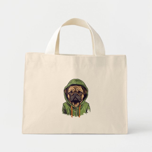 Pug Hund Wearing Grönt Hoodie Mini Tygkasse (Framsidan)