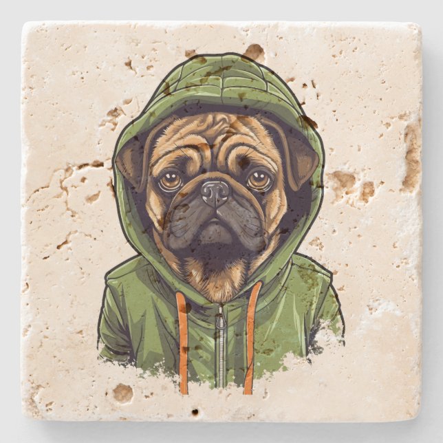 Pug Hund Wearing Grönt Hoodie Stenunderlägg (Framsidan)