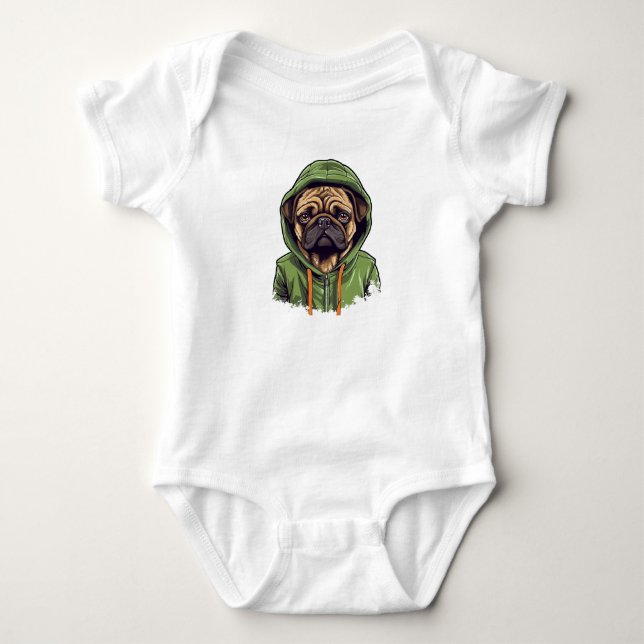 Pug Hund Wearing Grönt Hoodie T Shirt (Framsida)